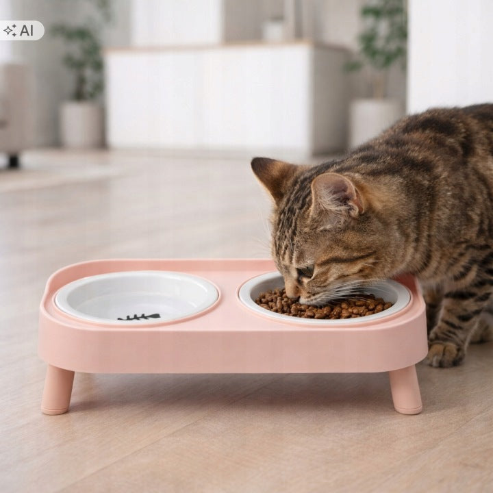 Double Cat Dog Bowl Elevated Ceramic Bowls On Stand M32 Manufacturer code Miska 32 różowa