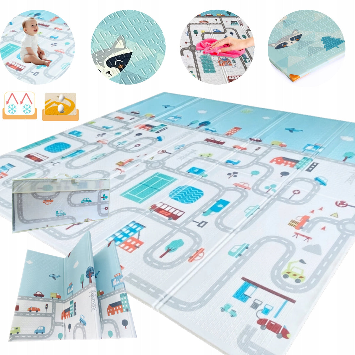 Double Sided Foam Mat Folding For Children 200x180cm Town Bear Raccoon