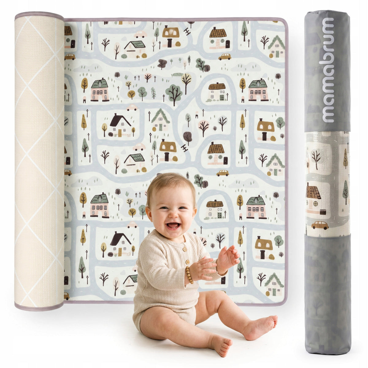 Double Sided Foam Mat for Kids – Charming Town / Sand Beige