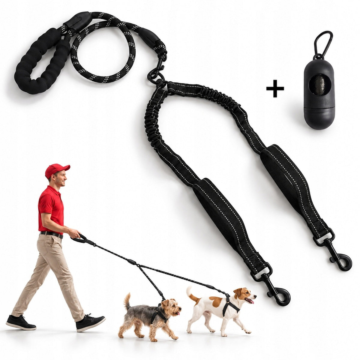 Double leash for 2 dogs, cushioned, up to 40 kg total reflective black