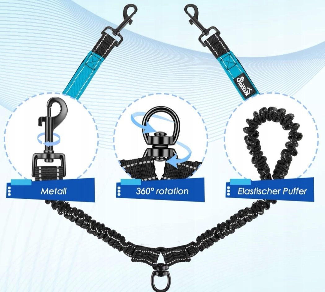 Double leash for two dogs with reflectors and lock, blue Packaging status original