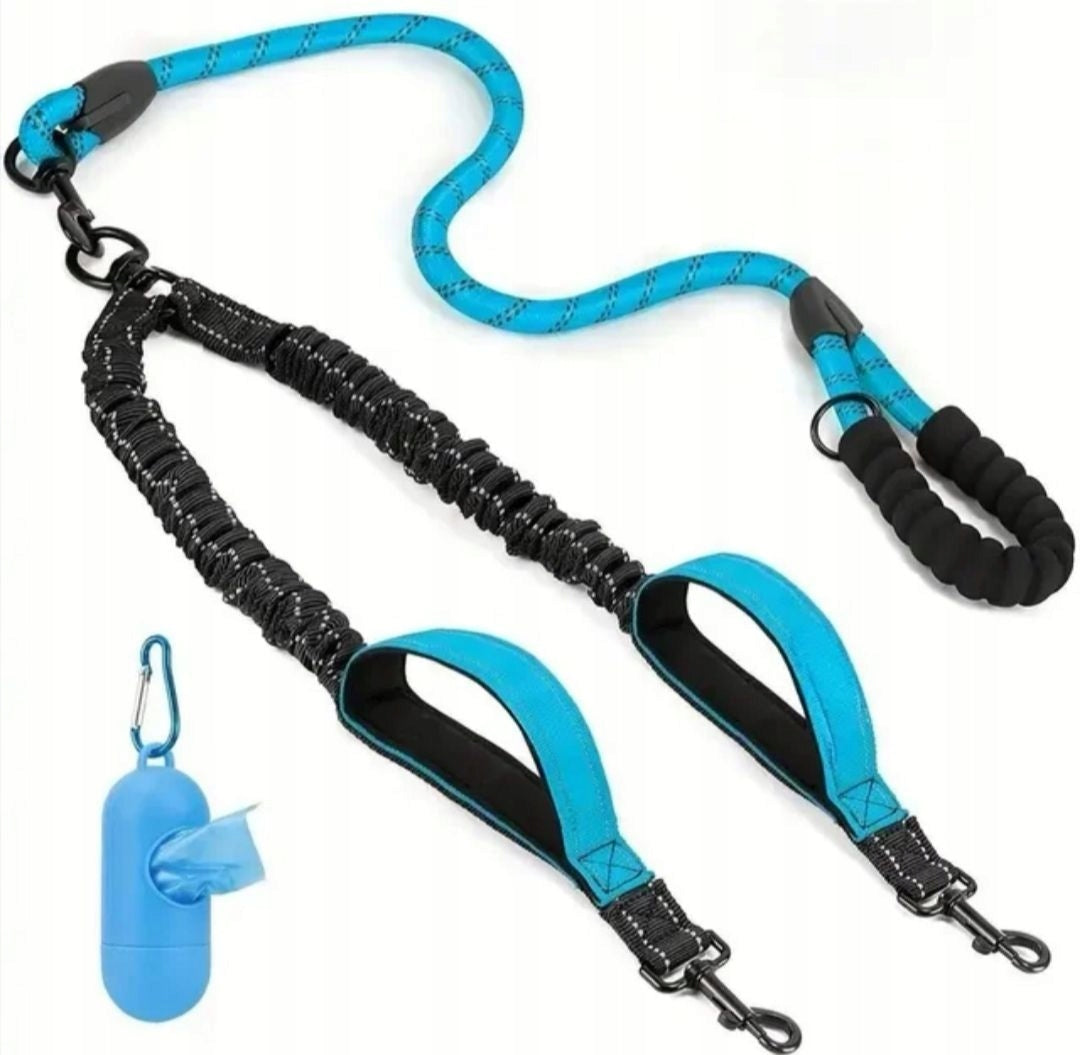 Double leash for two dogs with reflectors and lock, blue