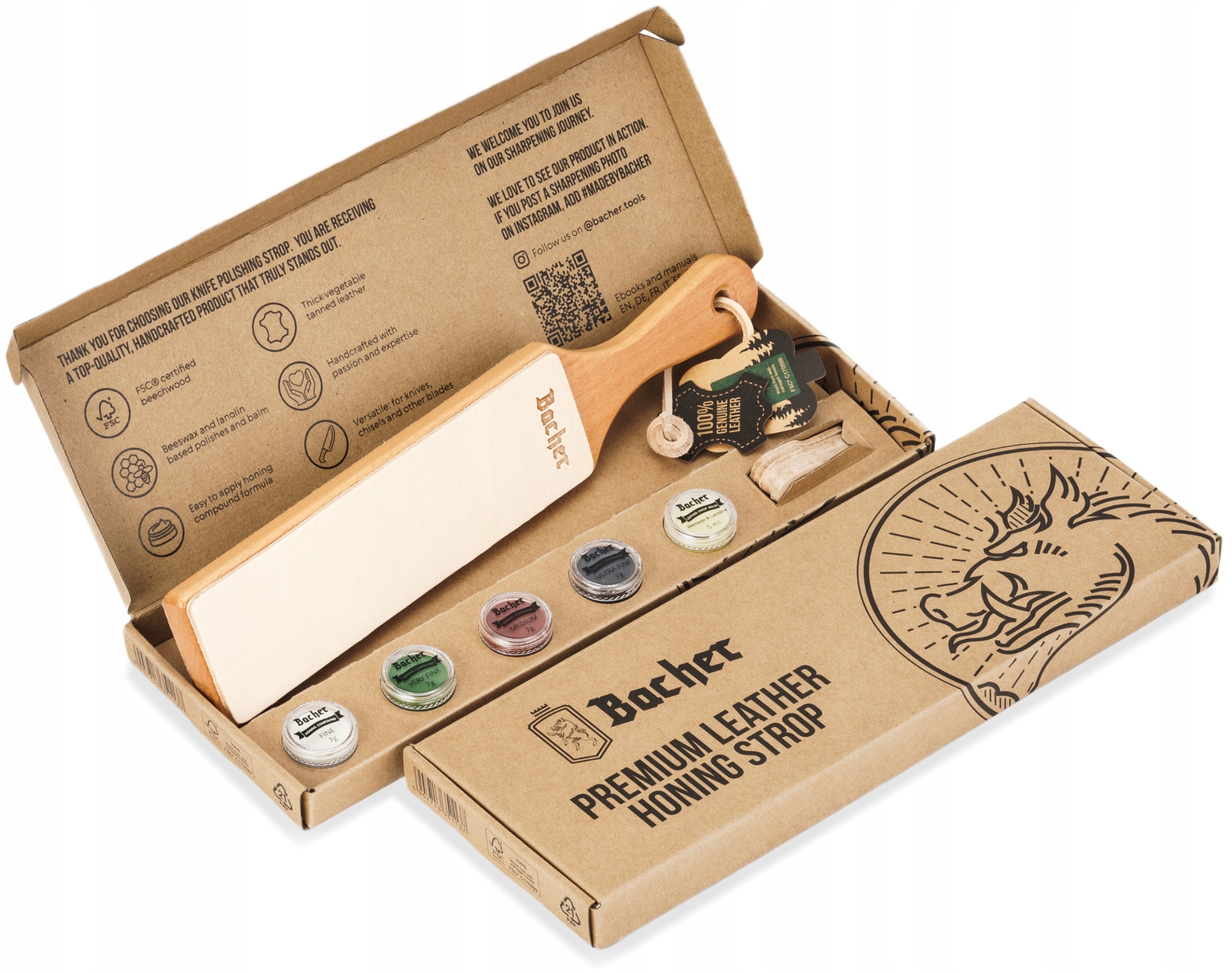 Double-sided leather ceiling BACHER for polishing knives, set of 4 pastes, balm Packaging status original