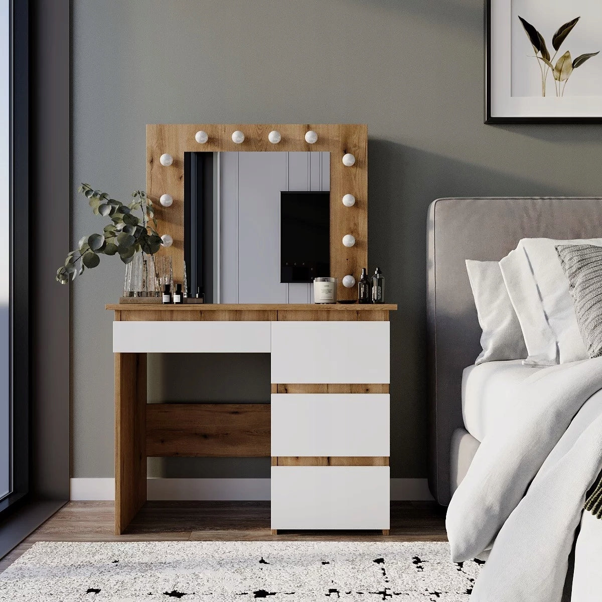 Dressing Table Beauty LED Oak With Mirror and Drawers Brand no brand