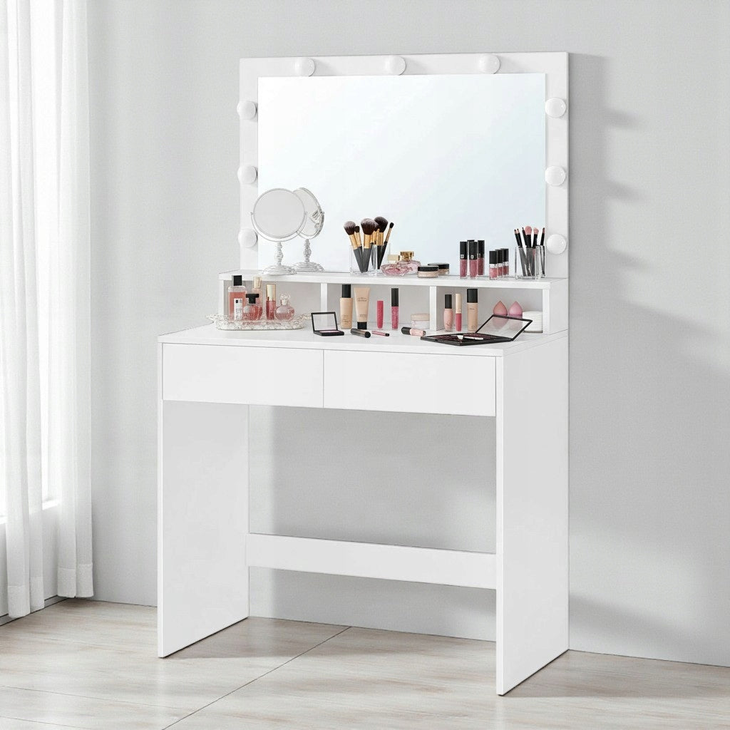 Dressing Table Cosmetic With LED Mirror 2 Drawers 3 Compartments + Chair Velour Furniture color white