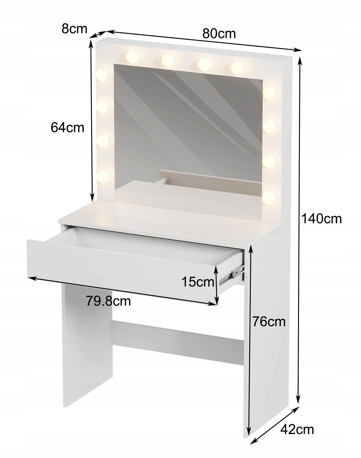 Dressing Table Cosmetic with LED Lighting with Makeup Mirror + Drawer Furniture height 141 cm