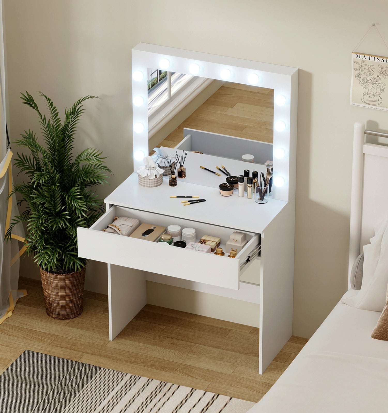 Dressing Table Cosmetic with LED Lighting with Makeup Mirror + Drawer Furniture width 80 cm