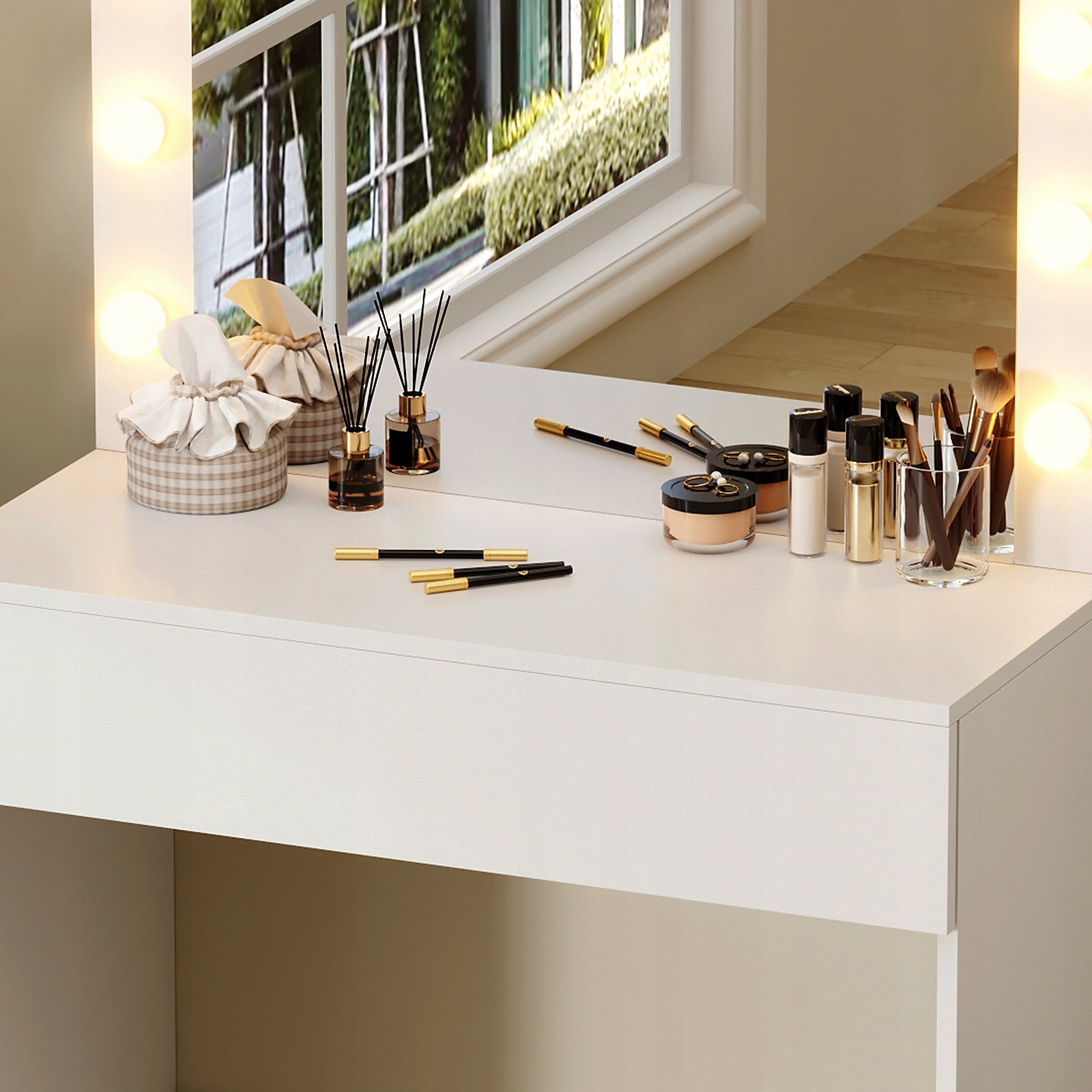 Dressing Table Cosmetic with LED Lighting with Makeup Mirror + Drawer Material MDF board