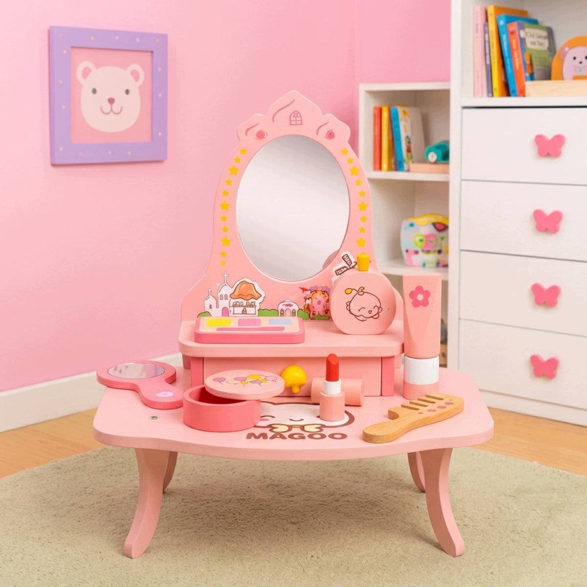 Dressing Table For Girls Wooden With Mirror Drawer Cosmetics Accessories Manufacturer code Toaletka drewniana z akcesoriami