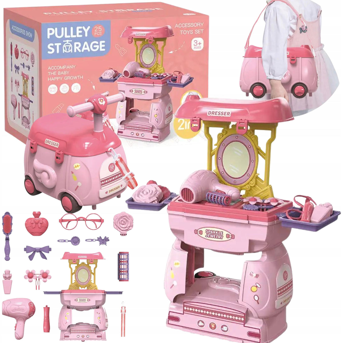 Dressing Table Ride-On Suitcase Dryer Mirror Cosmetics Set For Girls
