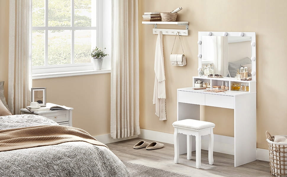 Dressing Table Songmics white chipboard 2 drawers with backlight Furniture color white
