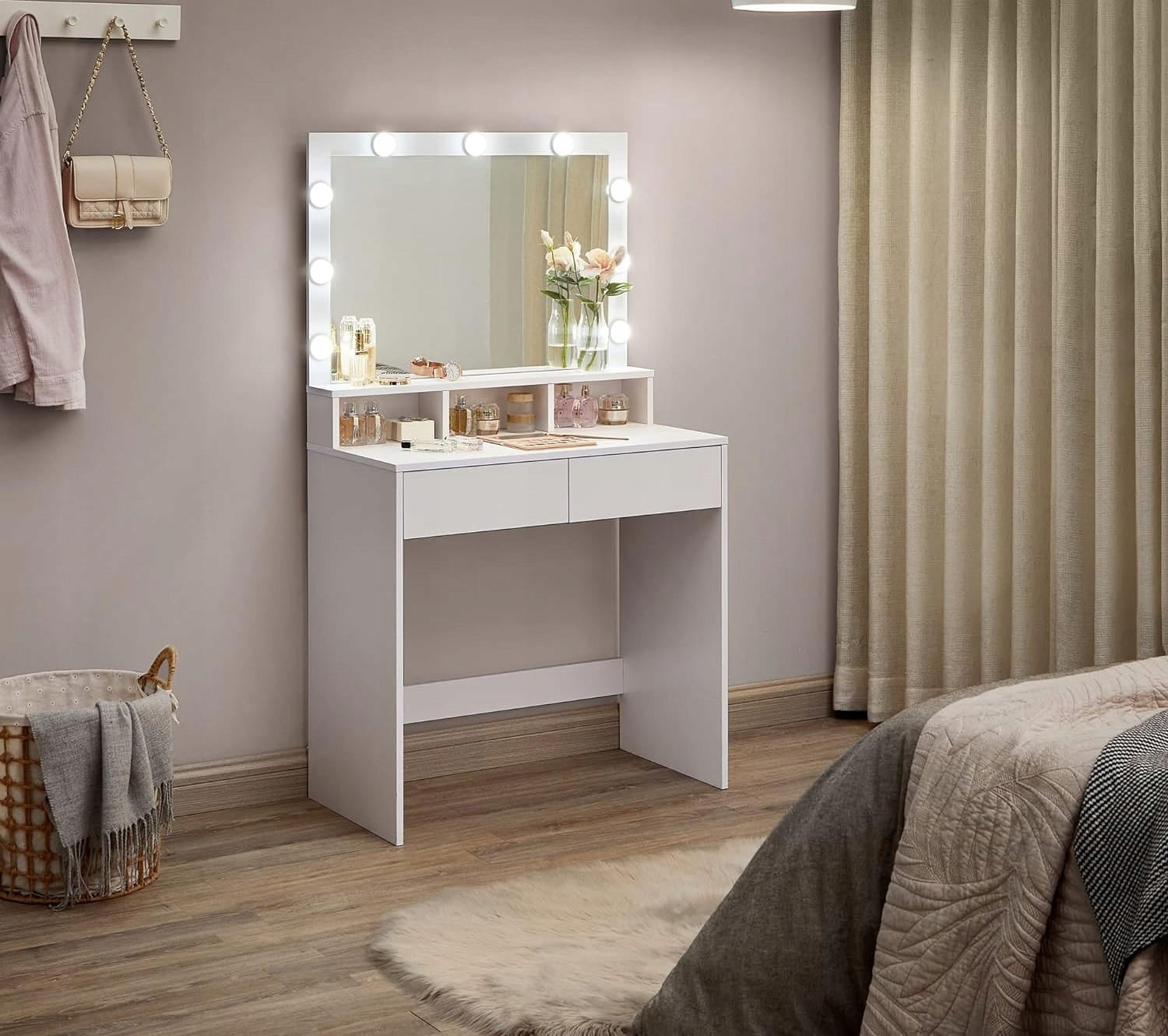 Dressing Table Songmics white chipboard 2 drawers with backlight Material chipboard