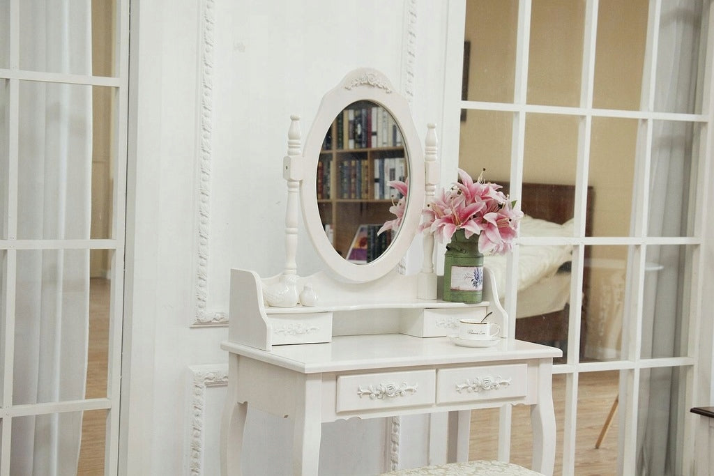Dressing Table cosmetic white MDF with swivel mirror and stool, 4 drawers Furniture width 74 cm