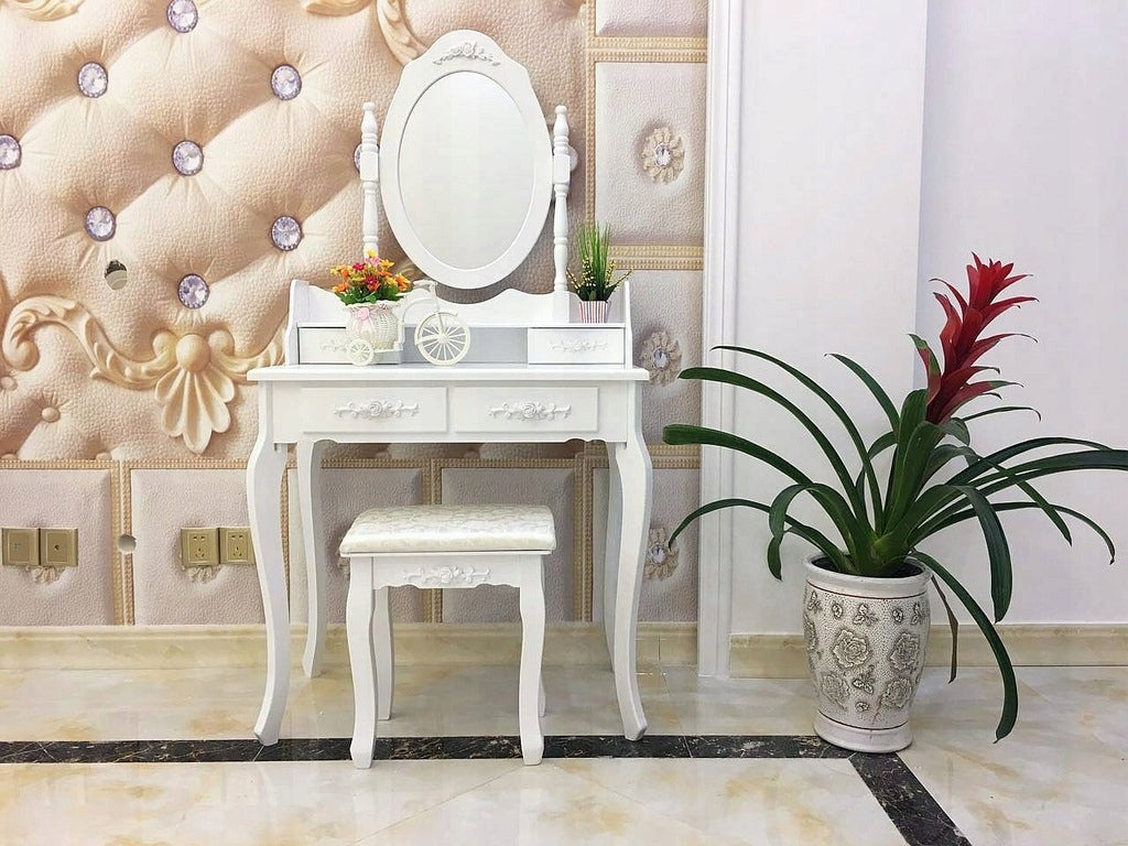 Dressing Table cosmetic white MDF with swivel mirror and stool, 4 drawers Packaging status original