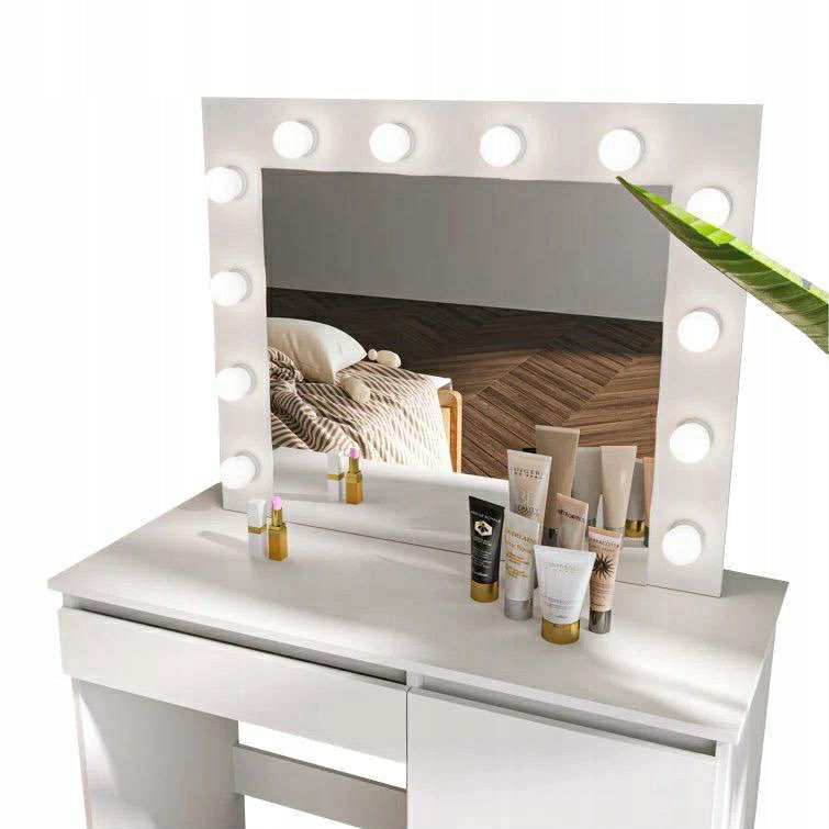 Dressing Table cosmetic white with LED mirror 12 bulbs and stool Furniture depth 44 cm