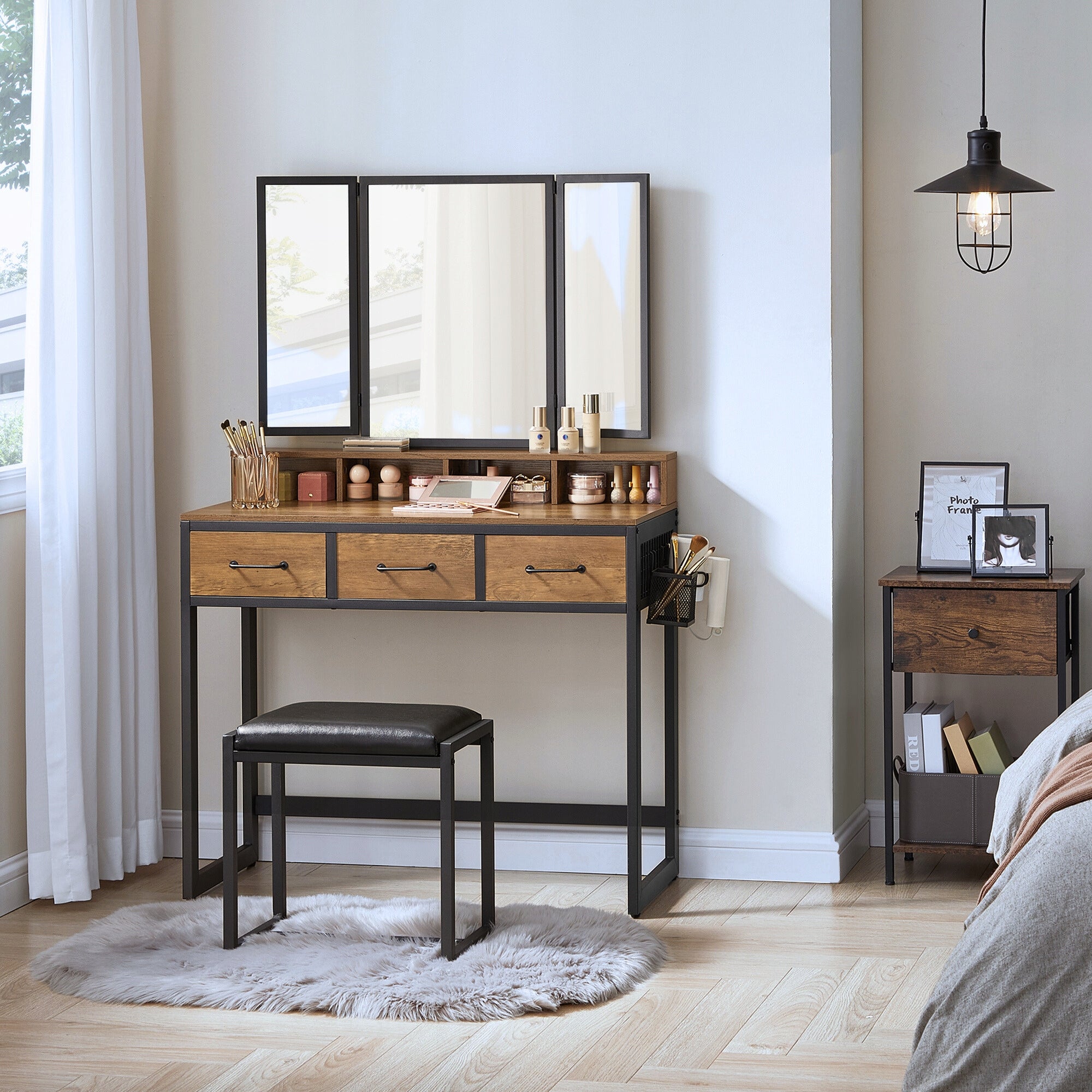 Dressing Table with Mirror Chair Leather Rustic Bronze LOFT 4X Shelf 3X Drawer Brand Zanzani