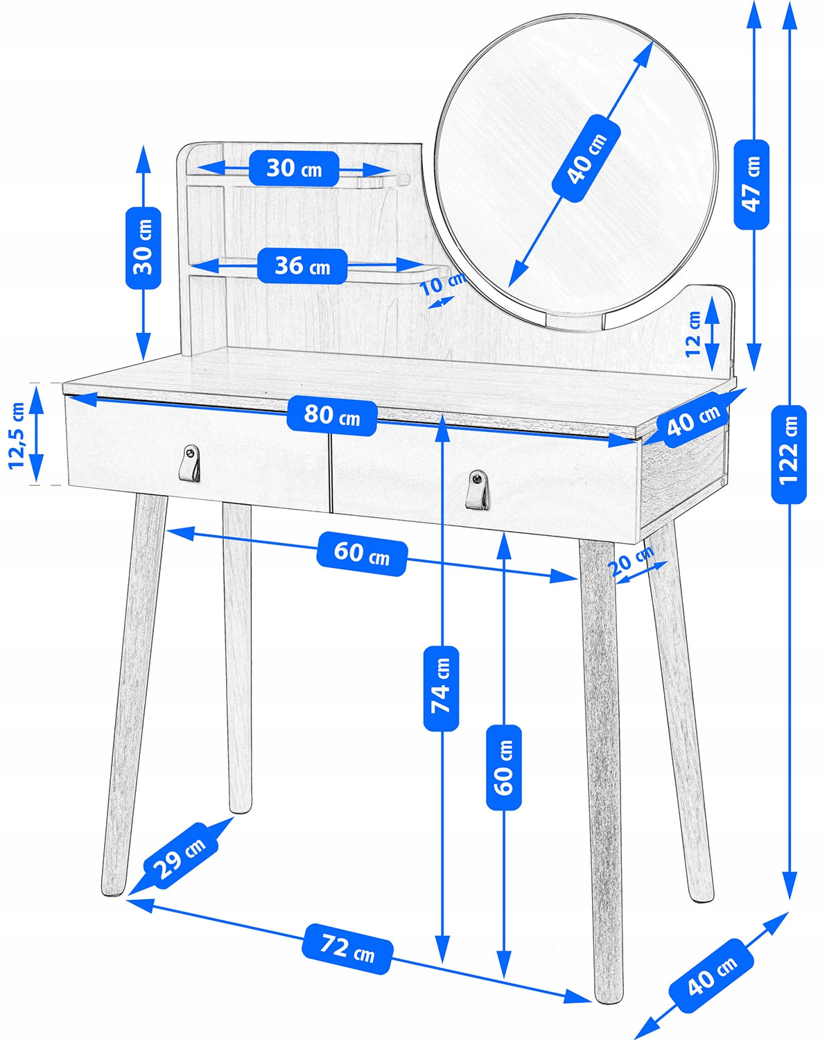 Dressing Table with mirror SCANDI cosmetic Scandinavian Furniture width 80 cm