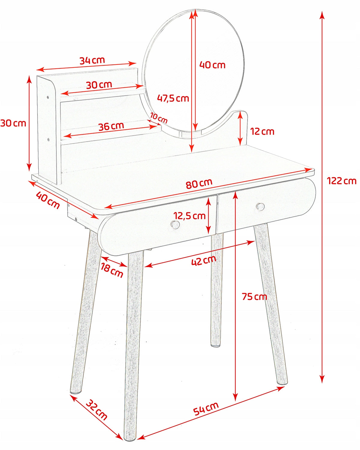 Dressing Table with mirror SCANDI cosmetic Scandinavian WHITE for makeup LOFT Furniture width 80 cm