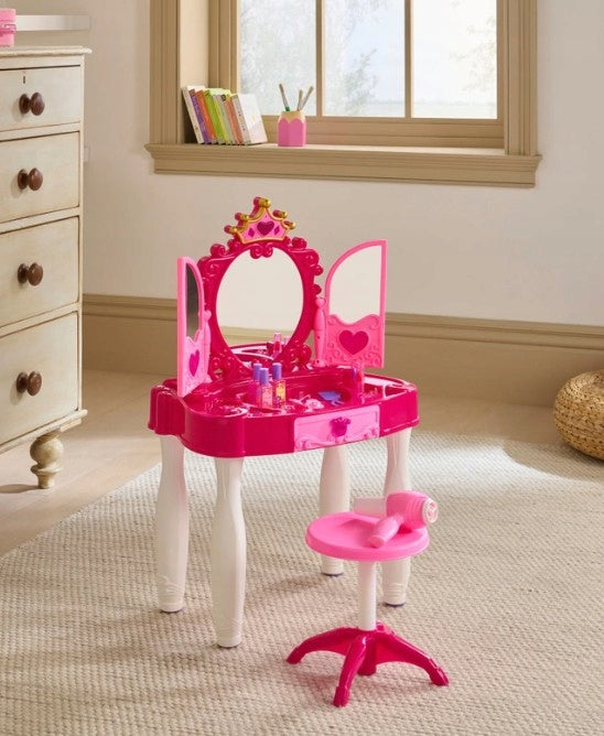 Dressing table for girls three-sided mirror with lights and sounds stool