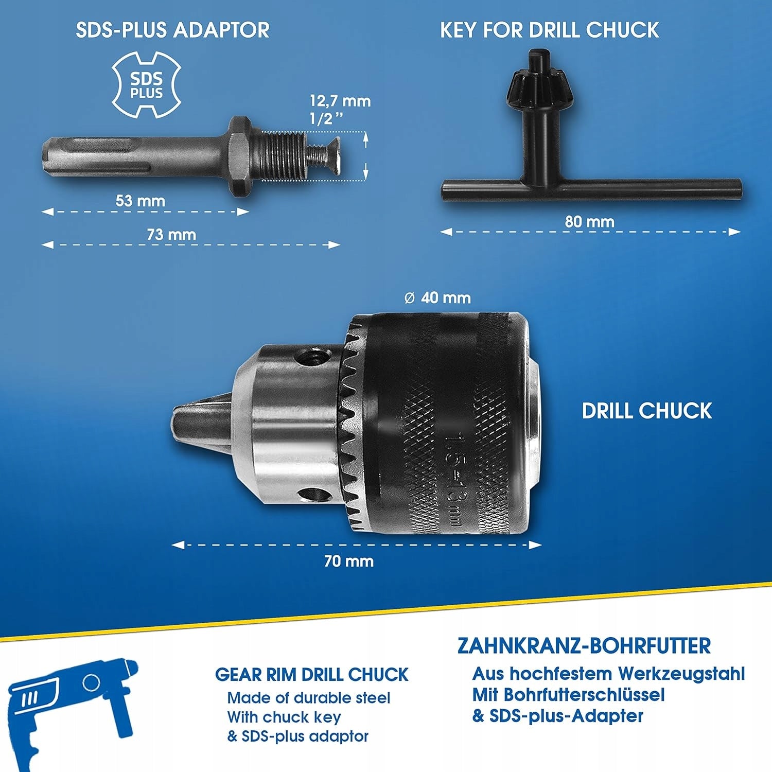 Drill chuck for drill adapters SDS Plus and HEX wrench 1,5-13 mm S&R Packaging status original