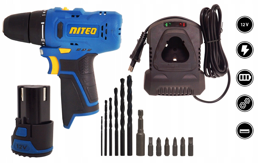 Drilling machine 12 V max Niteo Tools NTX + Suitcase + Drills + Bits Drill weight 2 kg