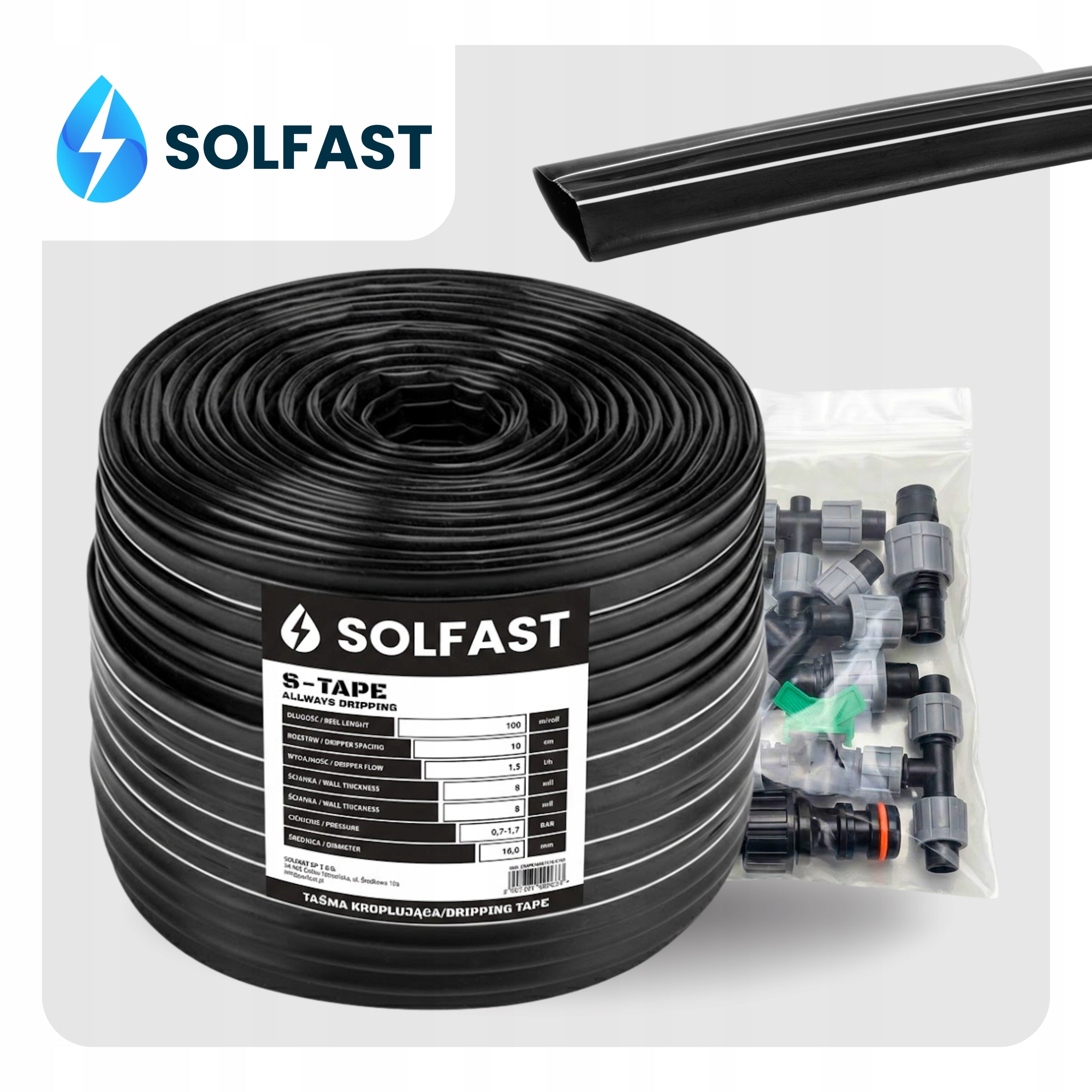 Drip Tape 10cm Line 100 m Irrigation Drip Hose Set SOLFAST Manufacturer code Taśma kroplująca 10 cm złączki akcesoria