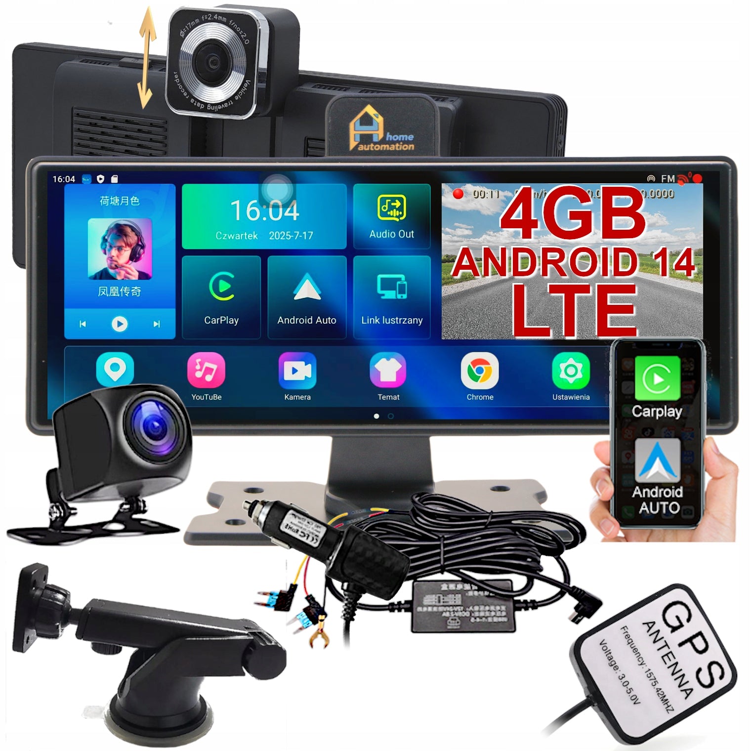 Driving Recorder Carplay Station Screen Monitor Camera GPS Navigation Android
