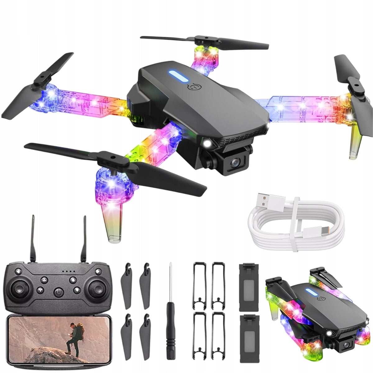 Drone with two cameras and LED Model E99 Light Edition,1800mAh foldable
