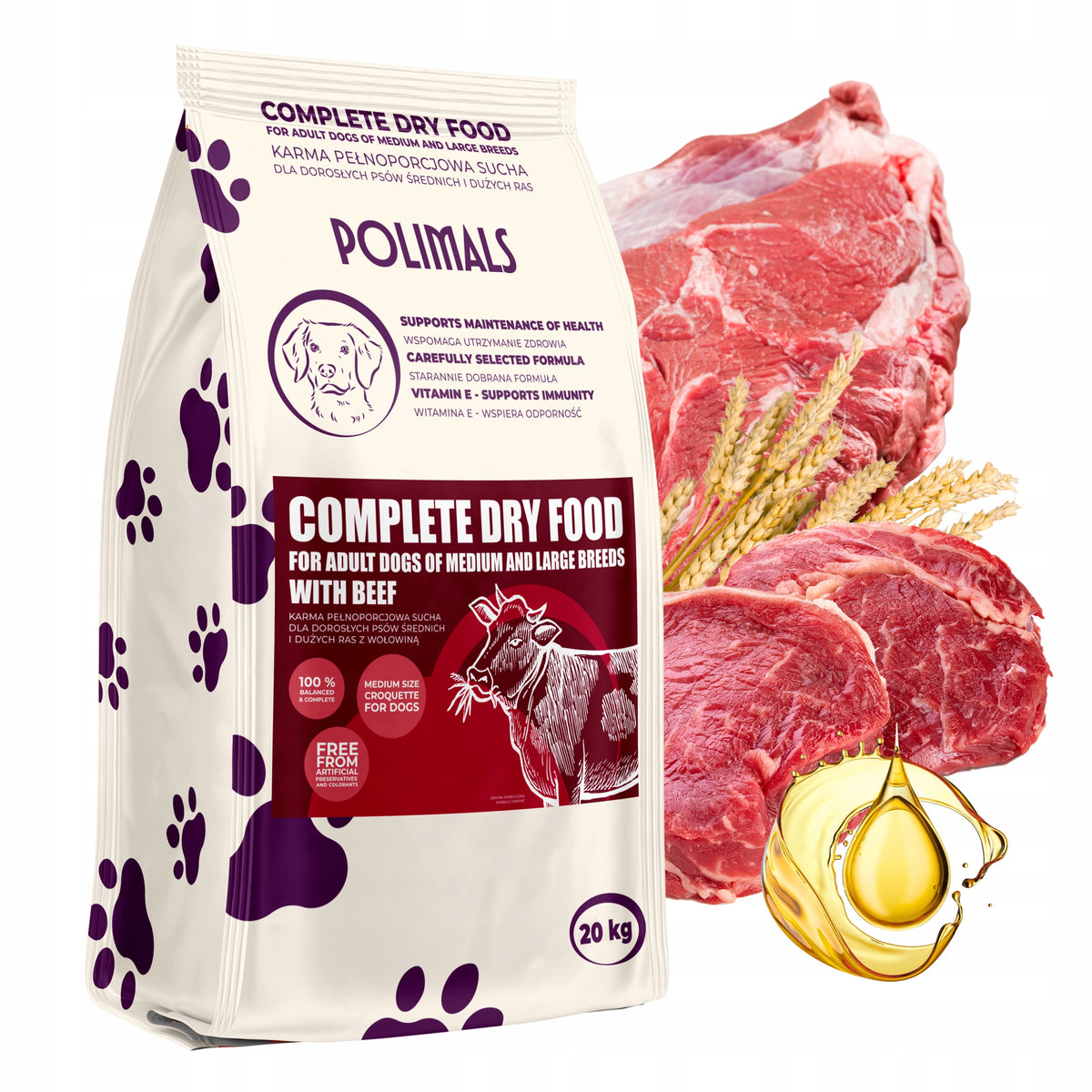 Dry dog food Polimals Beef 20 kg Adult Dog with Vitamins
