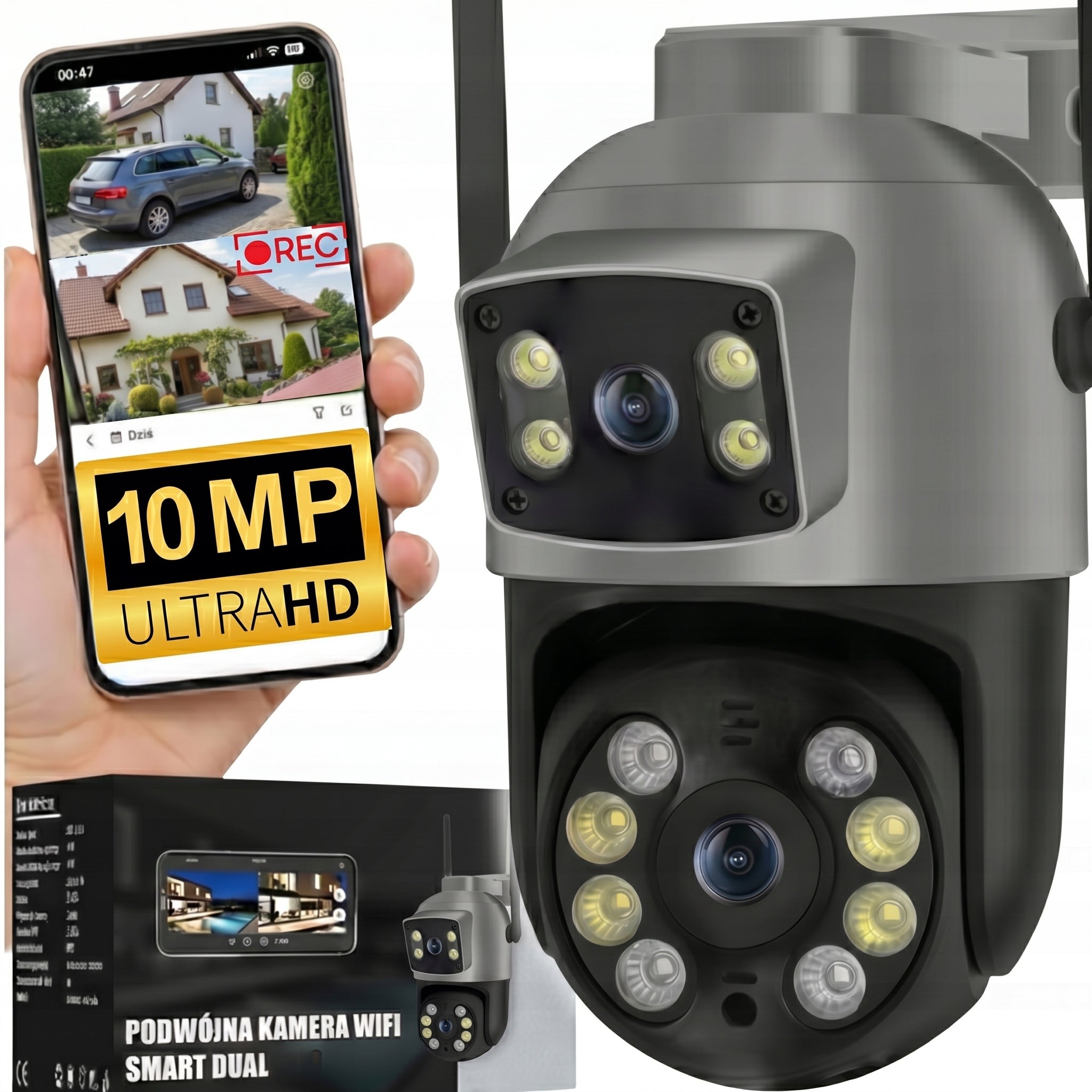 Dual Outdoor Camera Wifi Rotating 10 MP UHD 4K ZOOM MOTION TRACKING Manufacturer code Podwójna Kamera 10MPx w Nocy widok w Kolorze