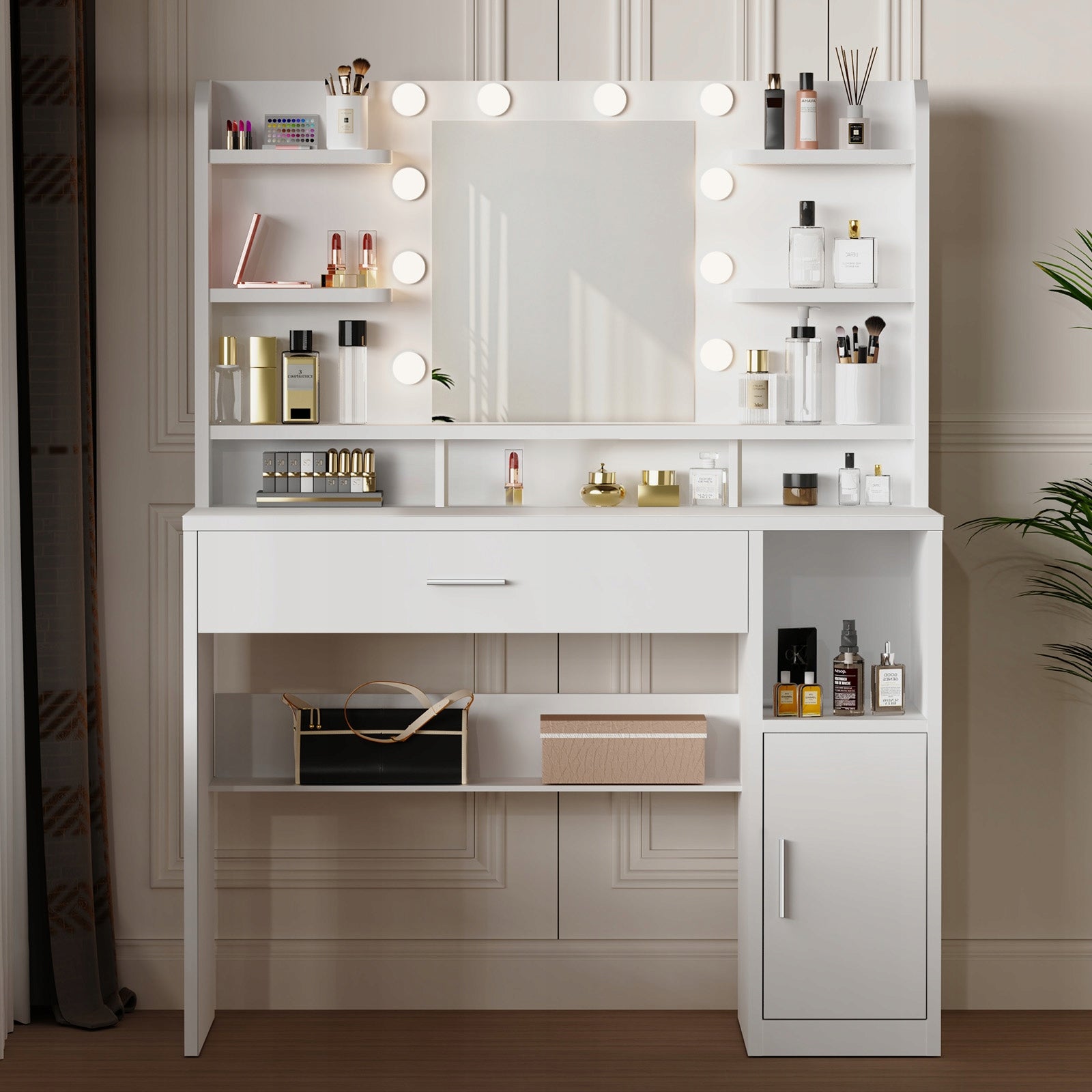 Duża Toaletka kosmetyczna Biały z dużym lustrem i 10 LED, 140x108x40cm Furniture color white