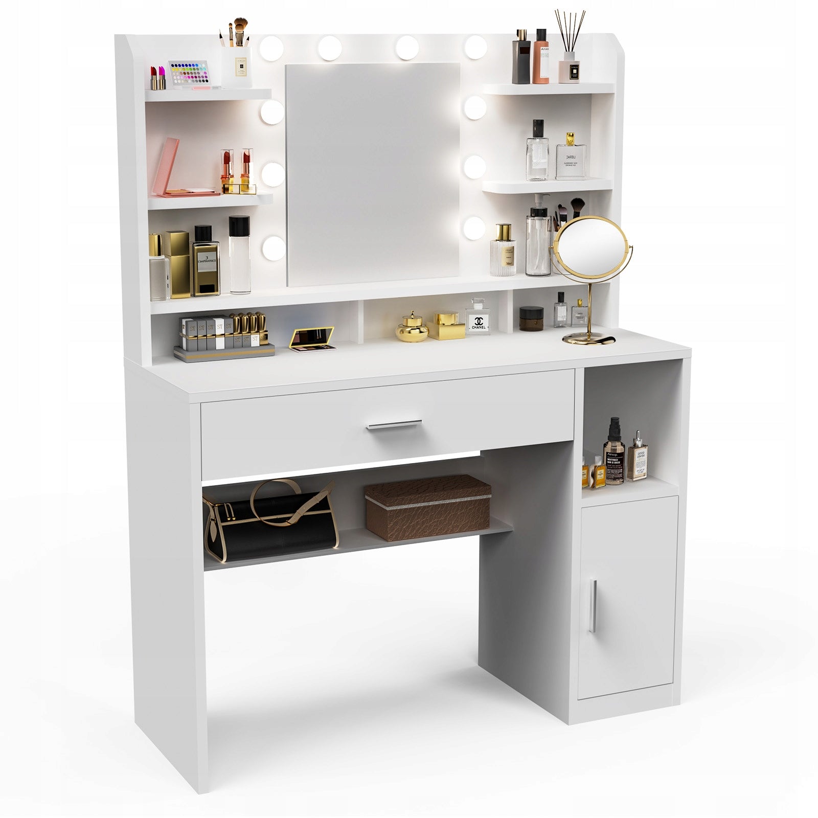 Duża Toaletka kosmetyczna Biały z dużym lustrem i 10 LED, 140x108x40cm Furniture depth 40 cm