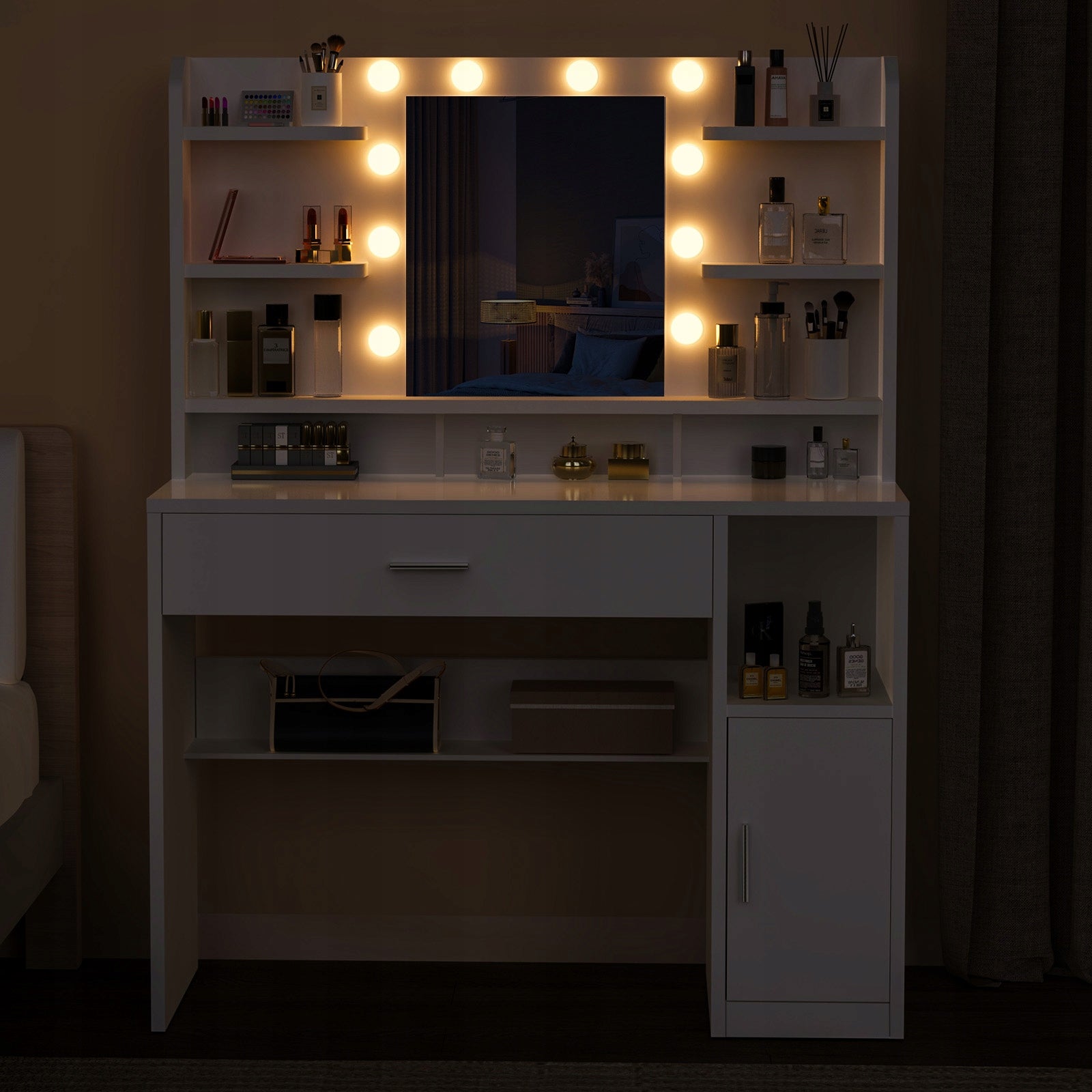 Duża Toaletka kosmetyczna Biały z dużym lustrem i 10 LED, 140x108x40cm Furniture width 108 cm