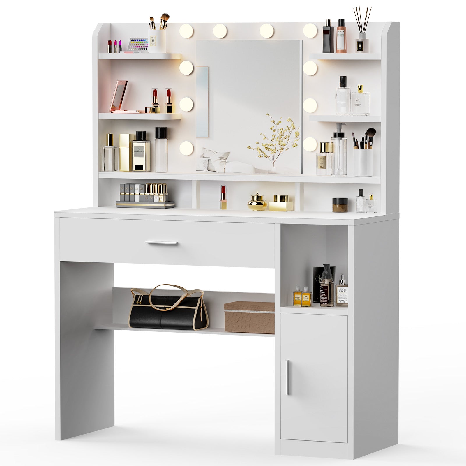 Duża Toaletka kosmetyczna Biały z dużym lustrem i 10 LED, 140x108x40cm