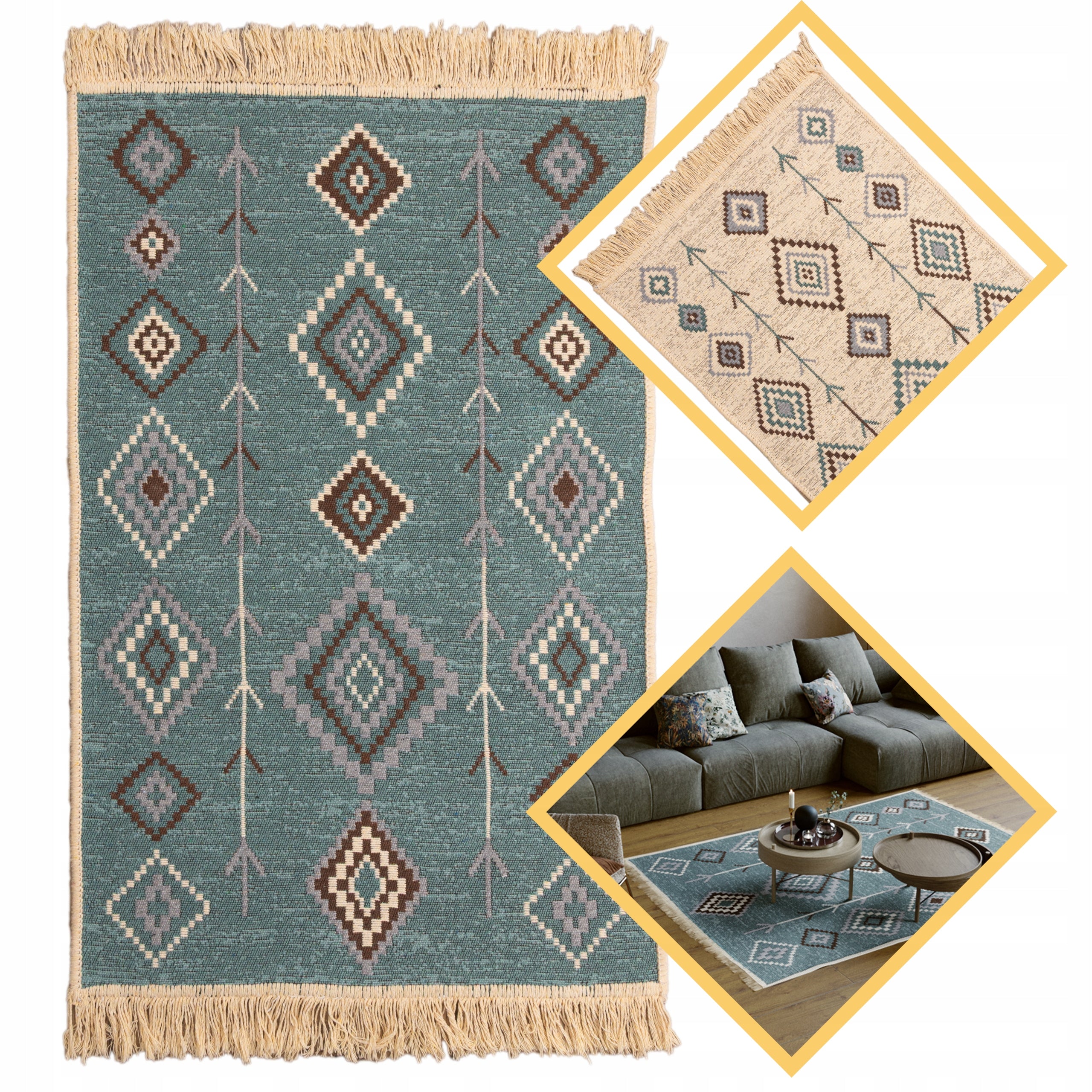 Dywan tkany płasko Green/Beige double-sided rug 80 x 150 cm
