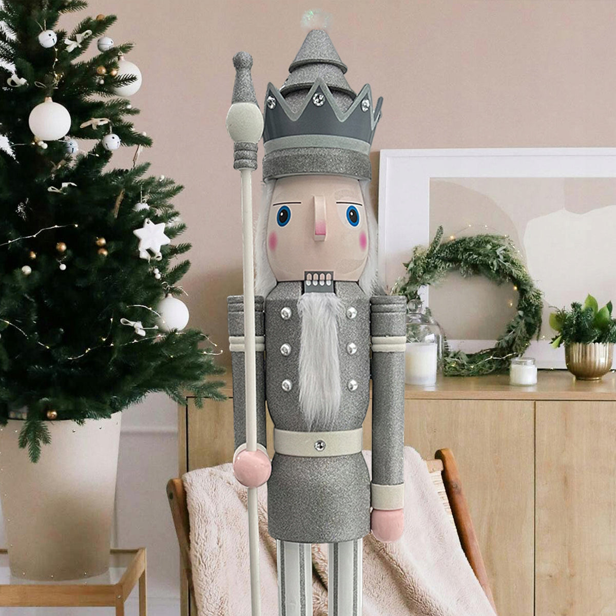 Dziadek do orzechów figurka świąteczna srebrny brokatowy król K31 180 cm