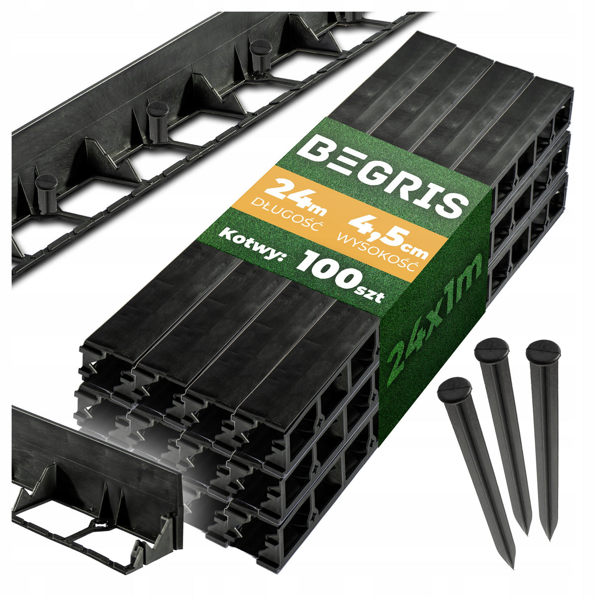 EDGING 4,5CM 24M + 100 LAWN ANCHORS GARDEN FLEXIBLE BLACK BORDER