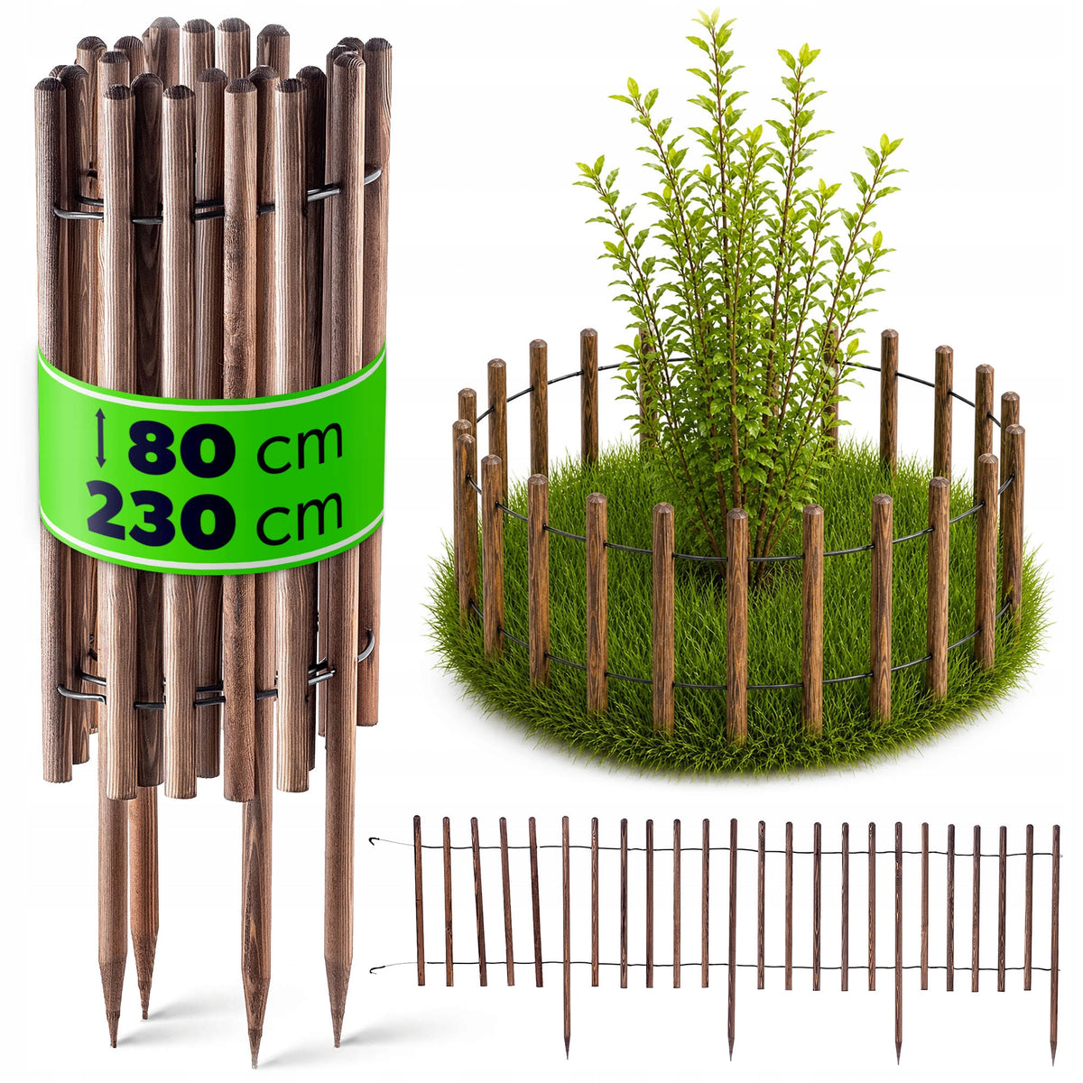 EDGING GARDEN PALISADE 230 cm WOODEN LAWN FENCE HAMMERED BROWN