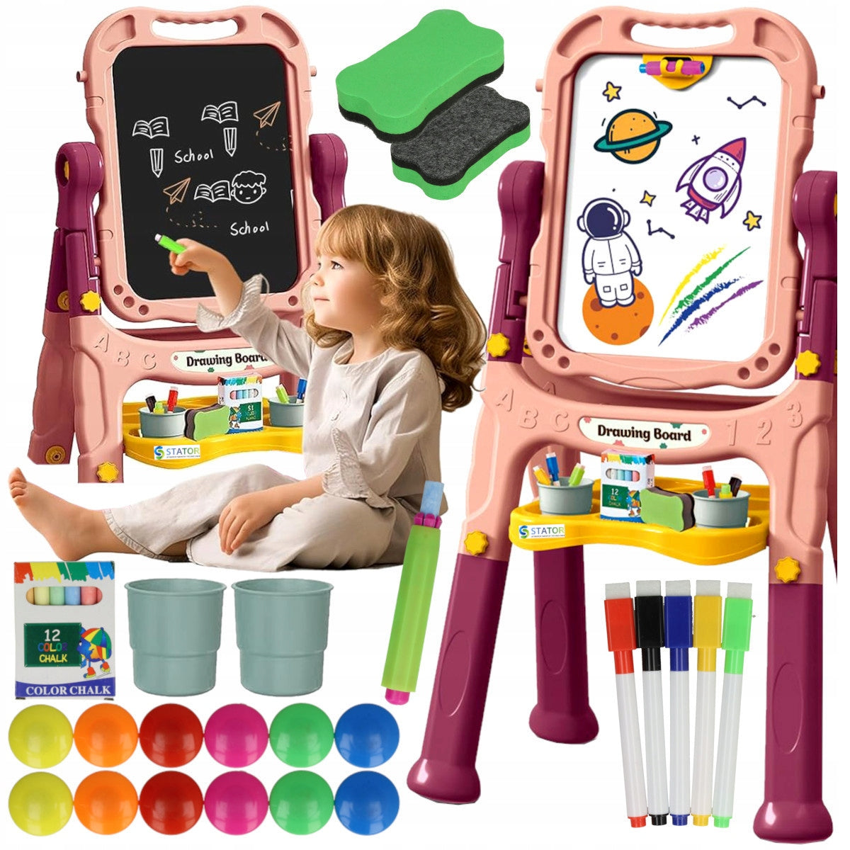 EDUCATIONAL Board 2in1 Magnetic Chalk Standing + Accessories Chalk Sponge Packaging status original