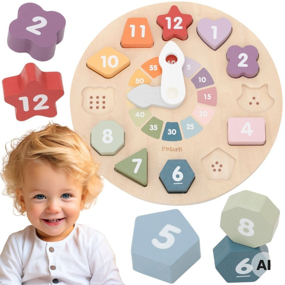 EDUCATIONAL CLOCK WOODEN SORTER NUMBERS SHAPES LEARNING TO COUNT VIGA POLARB