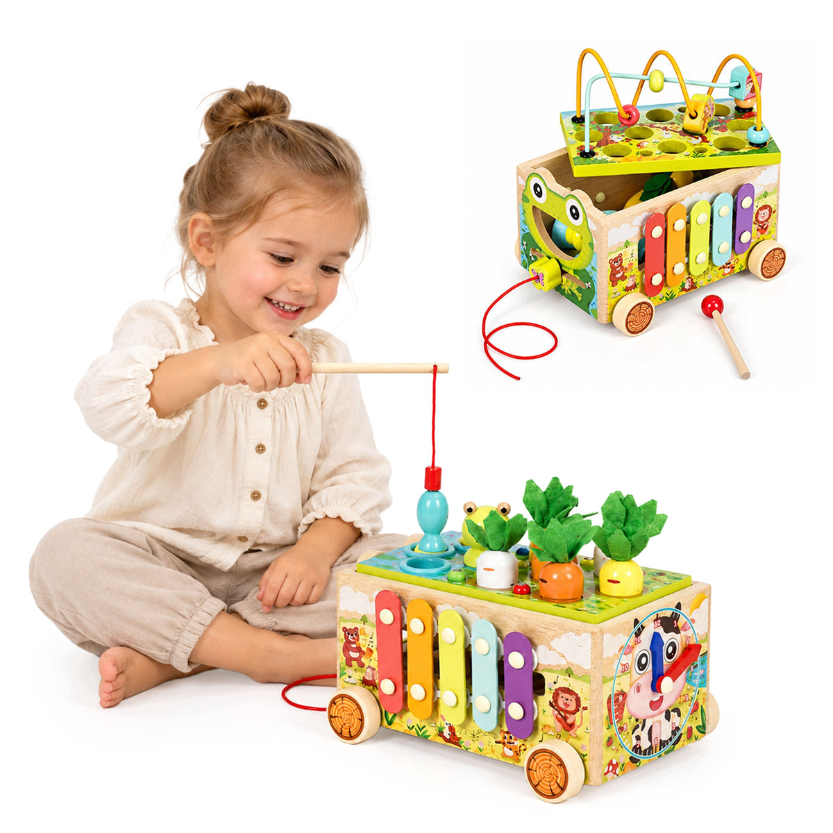 EDUCATIONAL CUBE FOR CHILDREN WOODEN FROG 8IN1 TROLLEY SORTER CYMBALS Brand Ecotoys