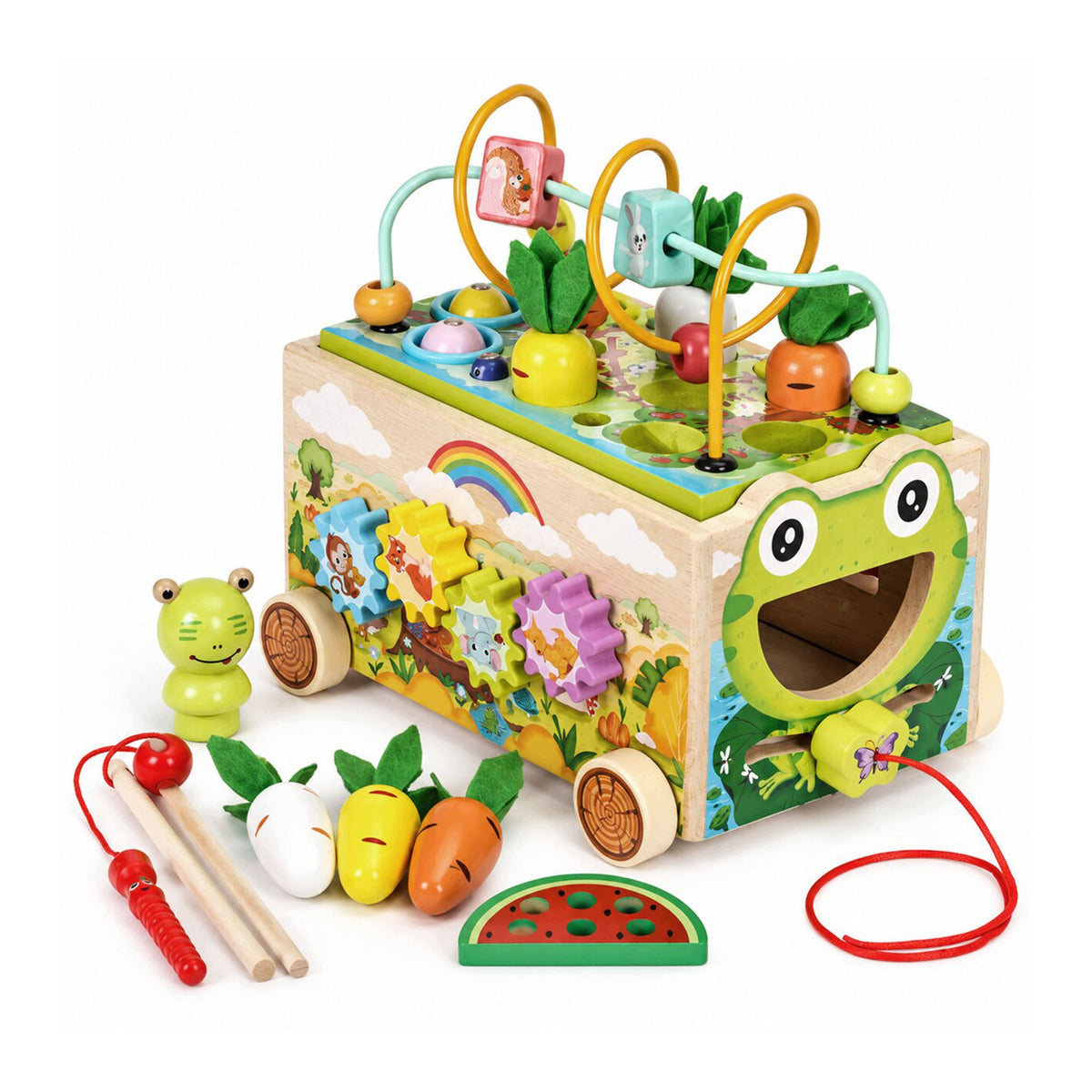 EDUCATIONAL CUBE FOR CHILDREN WOODEN FROG 8IN1 TROLLEY SORTER CYMBALS