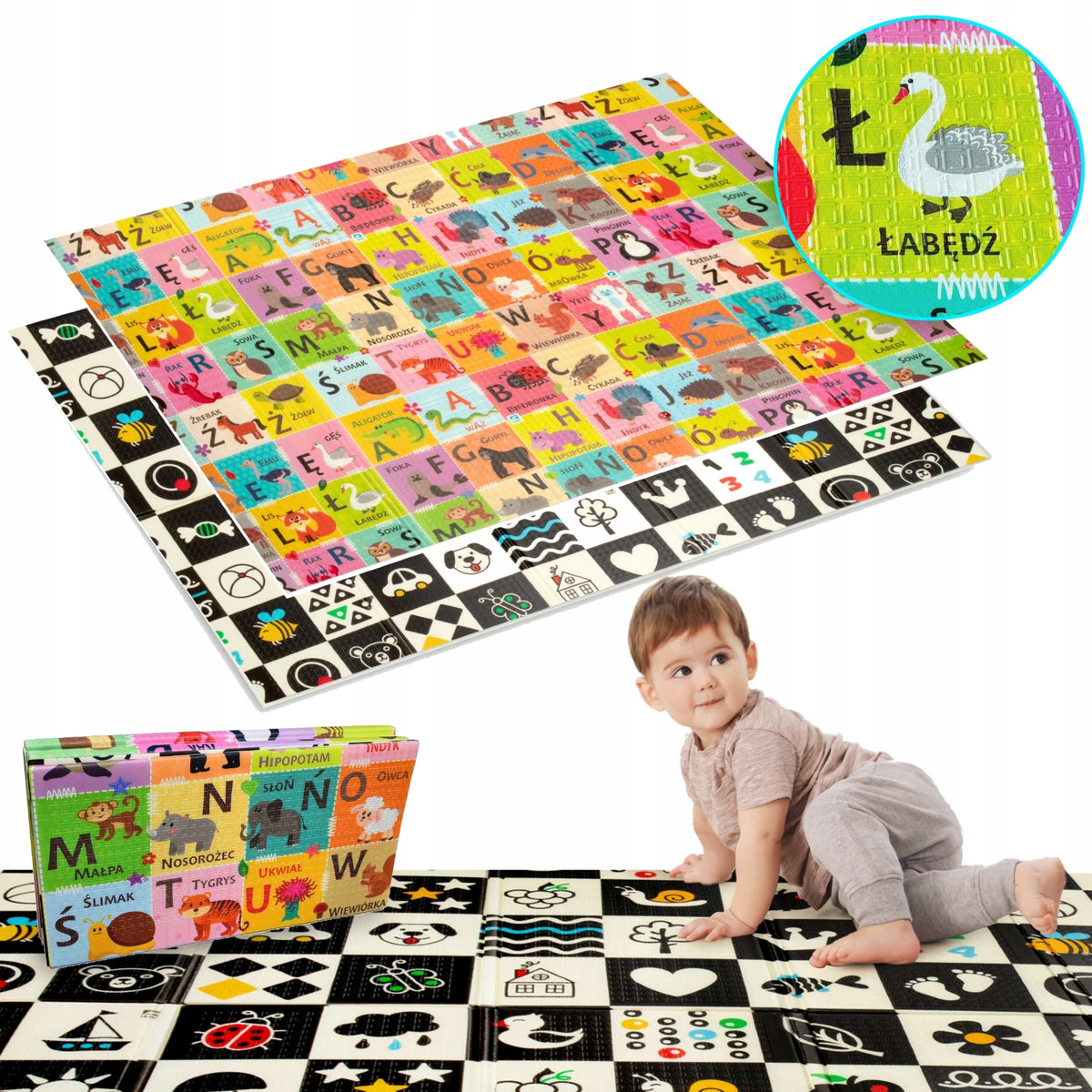 EDUCATIONAL FOAM MAT FOLDING DOUBLE-SIDED CONTRAST ALPHABET PL + BAG
