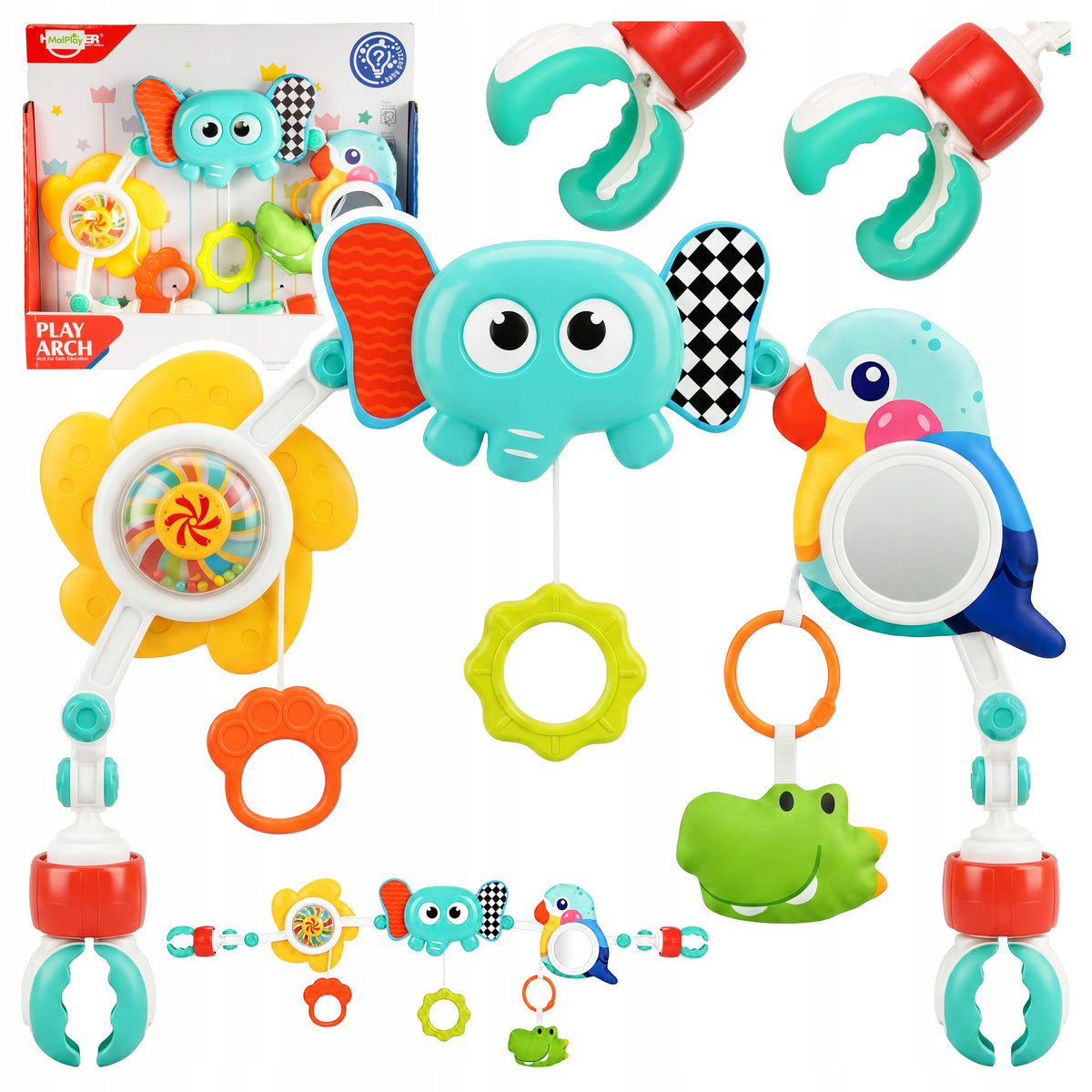 EDUCATIONAL HEADBAND FOR CRIB AND STROLLER ELEPHANT WITH MIRROR AND PENDANTS