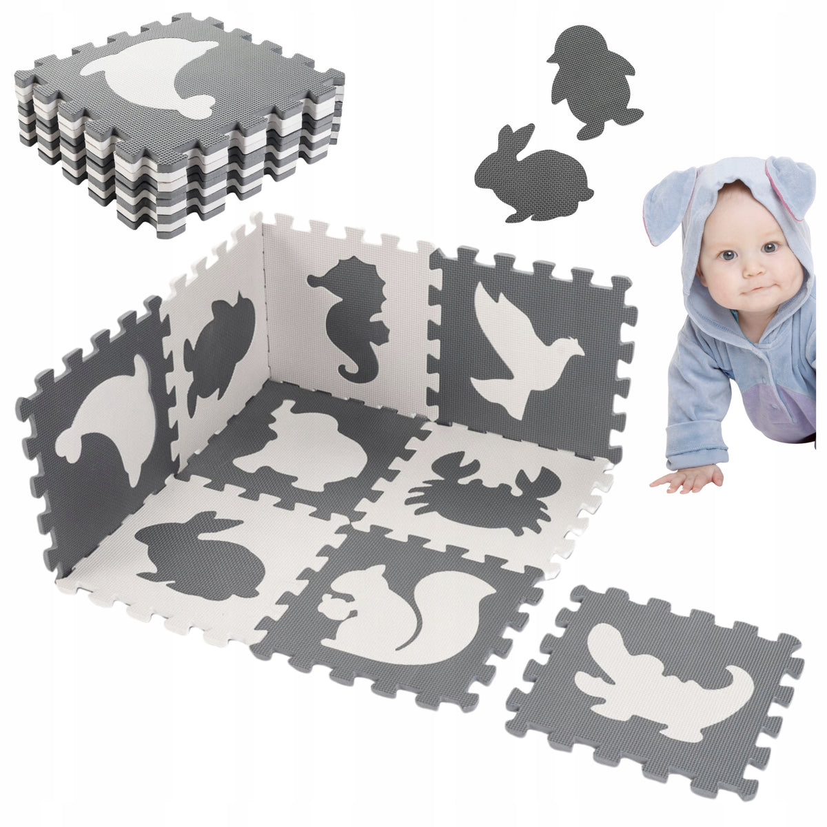 EDUCATIONAL MAT PUZZLE FOAM MAT FOR CHILDREN FOLDING 9 EL. ANIMALS