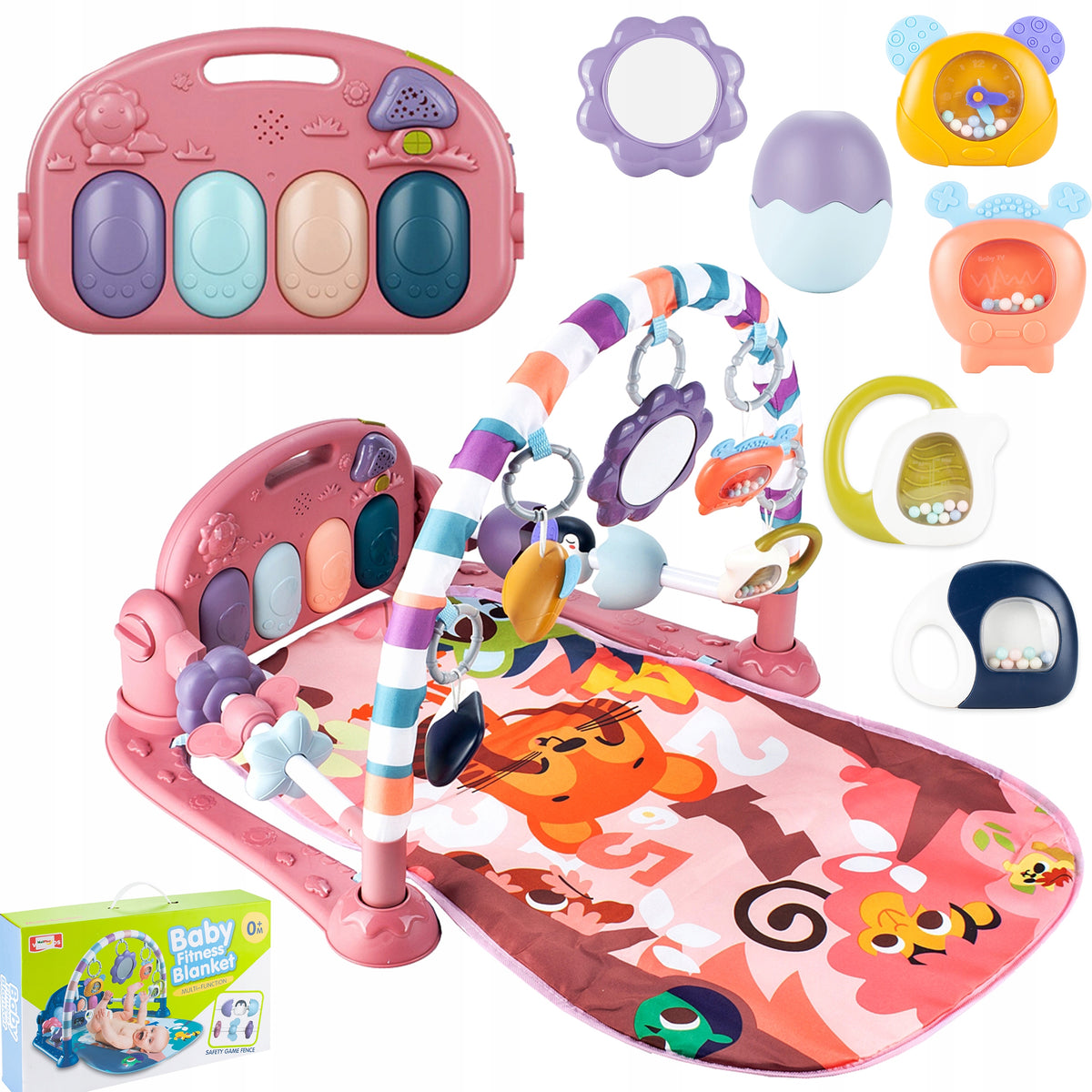 EDUCATIONAL MAT WITH PIANO LARGE INTERACTIVE RATTLE TEETHERS PINK
