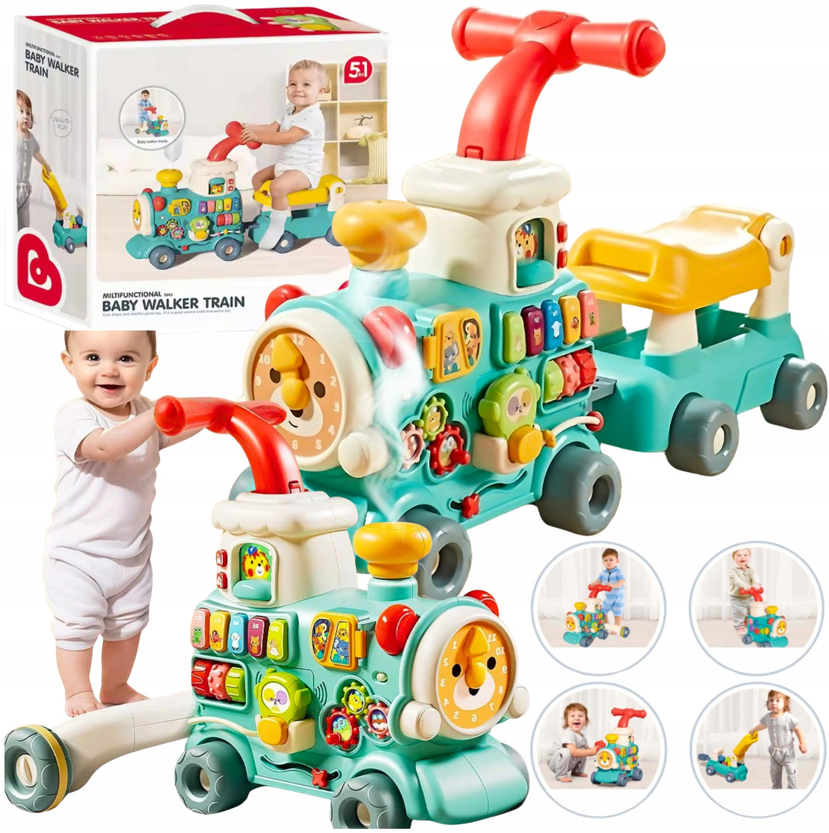 EDUCATIONAL MULTIFUNCTIONAL TRAIN LOCOMOTIVE PUSHER RIDER LEARNING TO DRIVE 5IN1