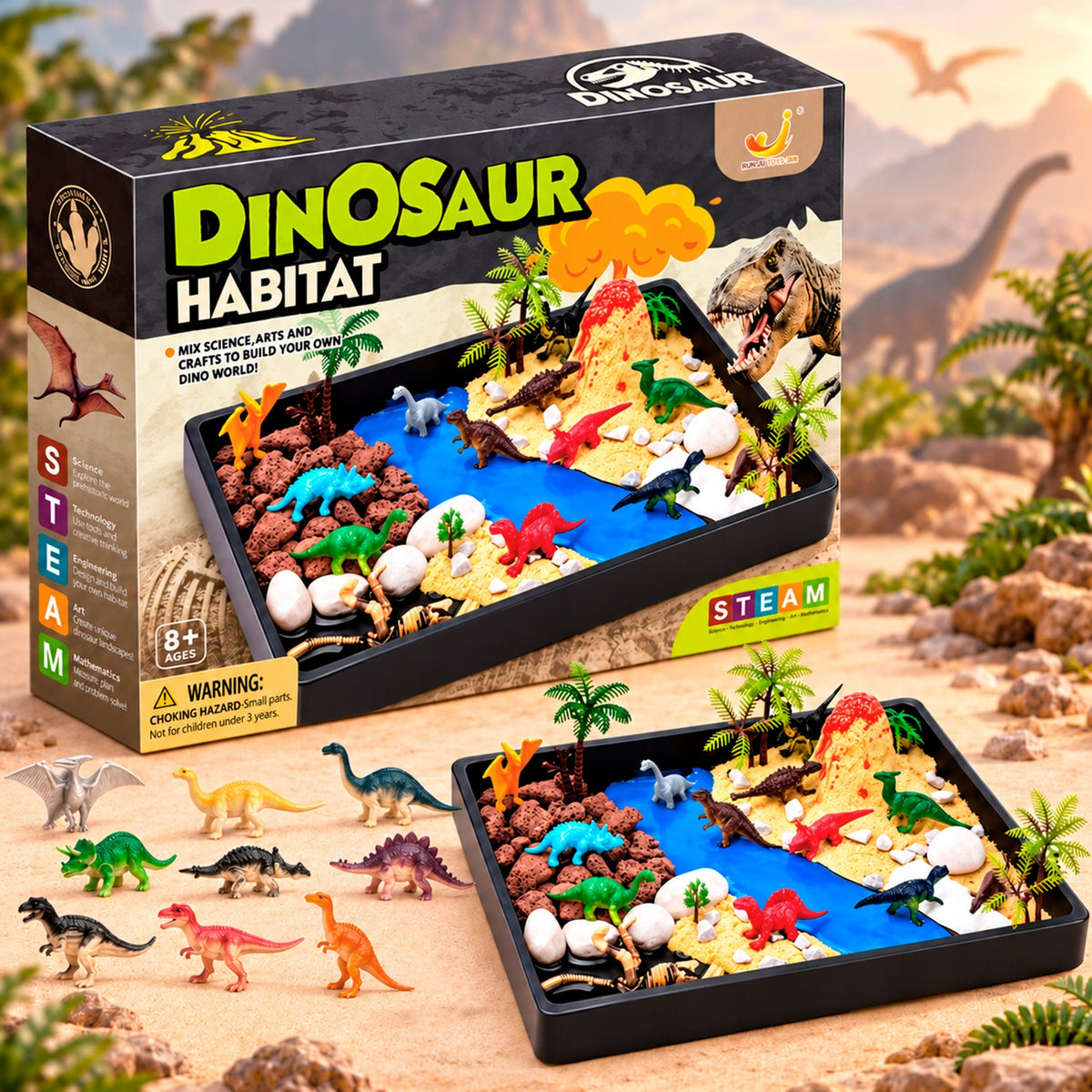 EDUCATIONAL SET FOR CHILDREN DINOSAUR FIGURINES SAND AND ERUPTING VOLCANO Packaging status original