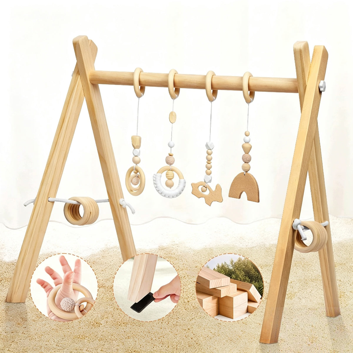 EDUCATIONAL STAND GYM NATURAL WOODEN PENDANTS FOR NEWBORN NATURAL Kid's age 0＋