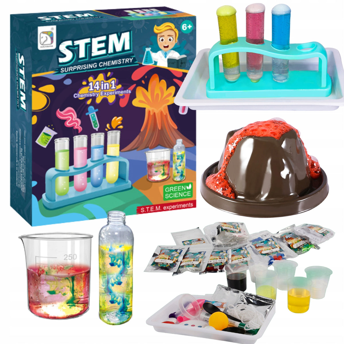 EDUCATIONAL TOYS SET OF 14 SCIENTIFIC EXPERIMENTS VOLCANO SMALL CHEMIST Packaging status original